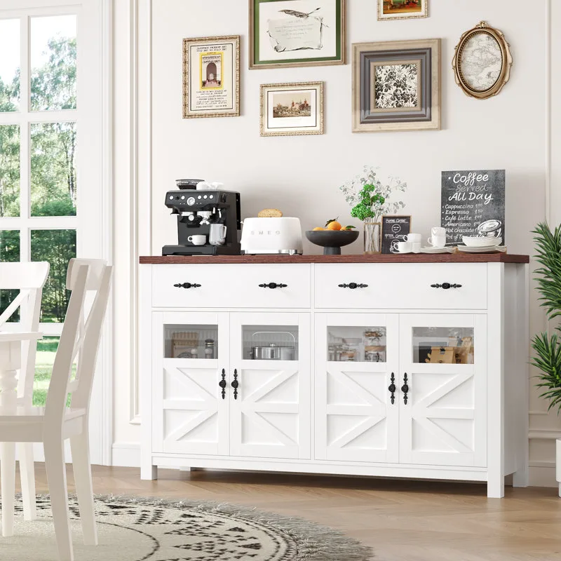 Almus 55'' Sideboard with 4 Glass Doors, 2 Large Drawers and Adjustable Shelves, White/Brown